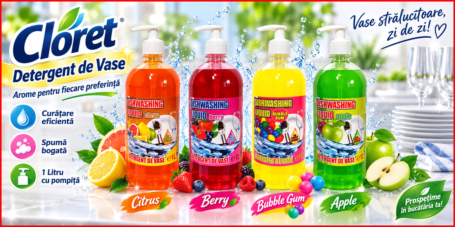 Cloret Dishwashing Liquid detergent lichid pentru vase Citrus Berry Bubble Gum Apple