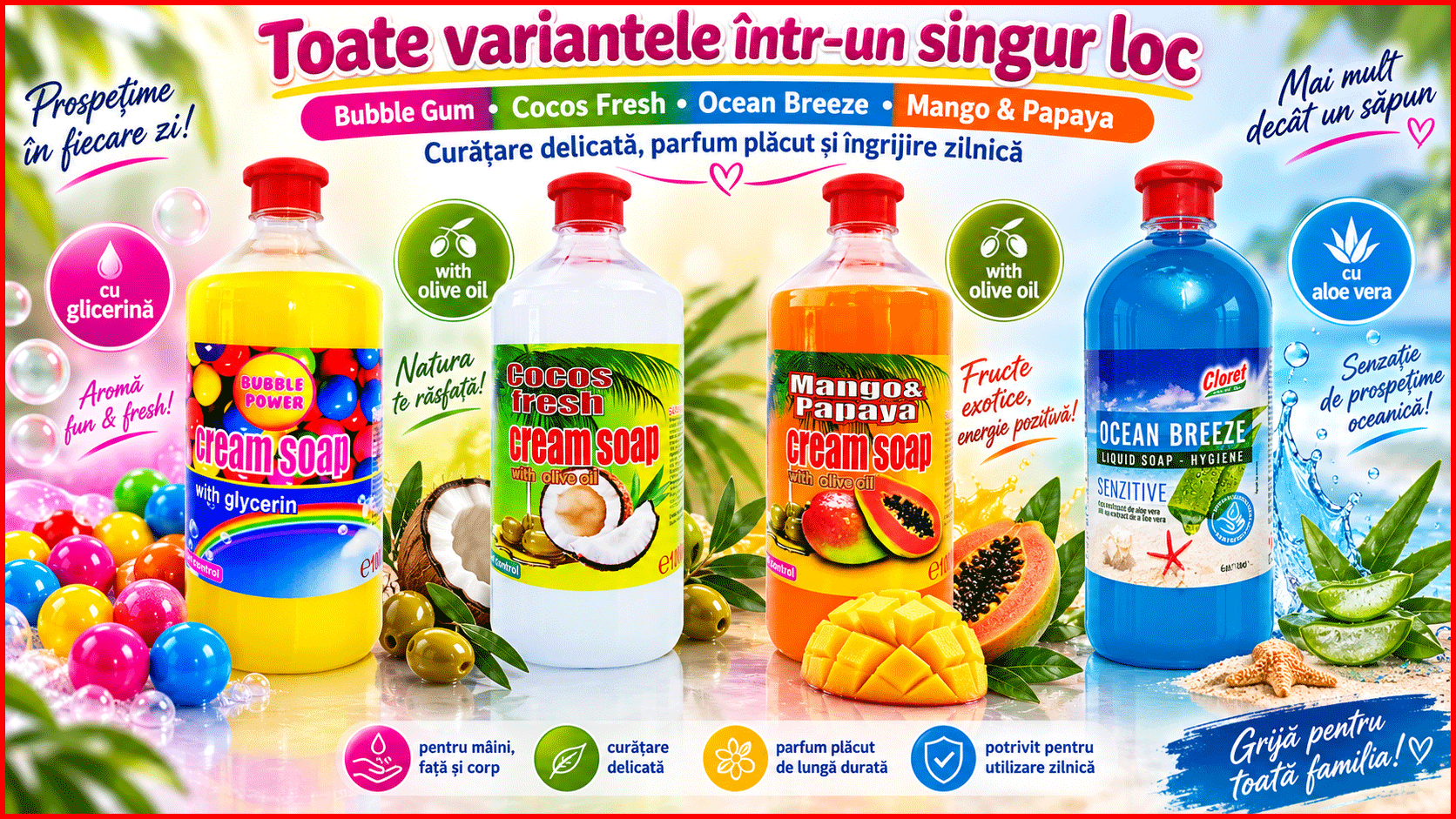 Cloret sapun lichid cremos rezerva 1L Bubble Gum Cocos Fresh Ocean Breeze Mango Papaya