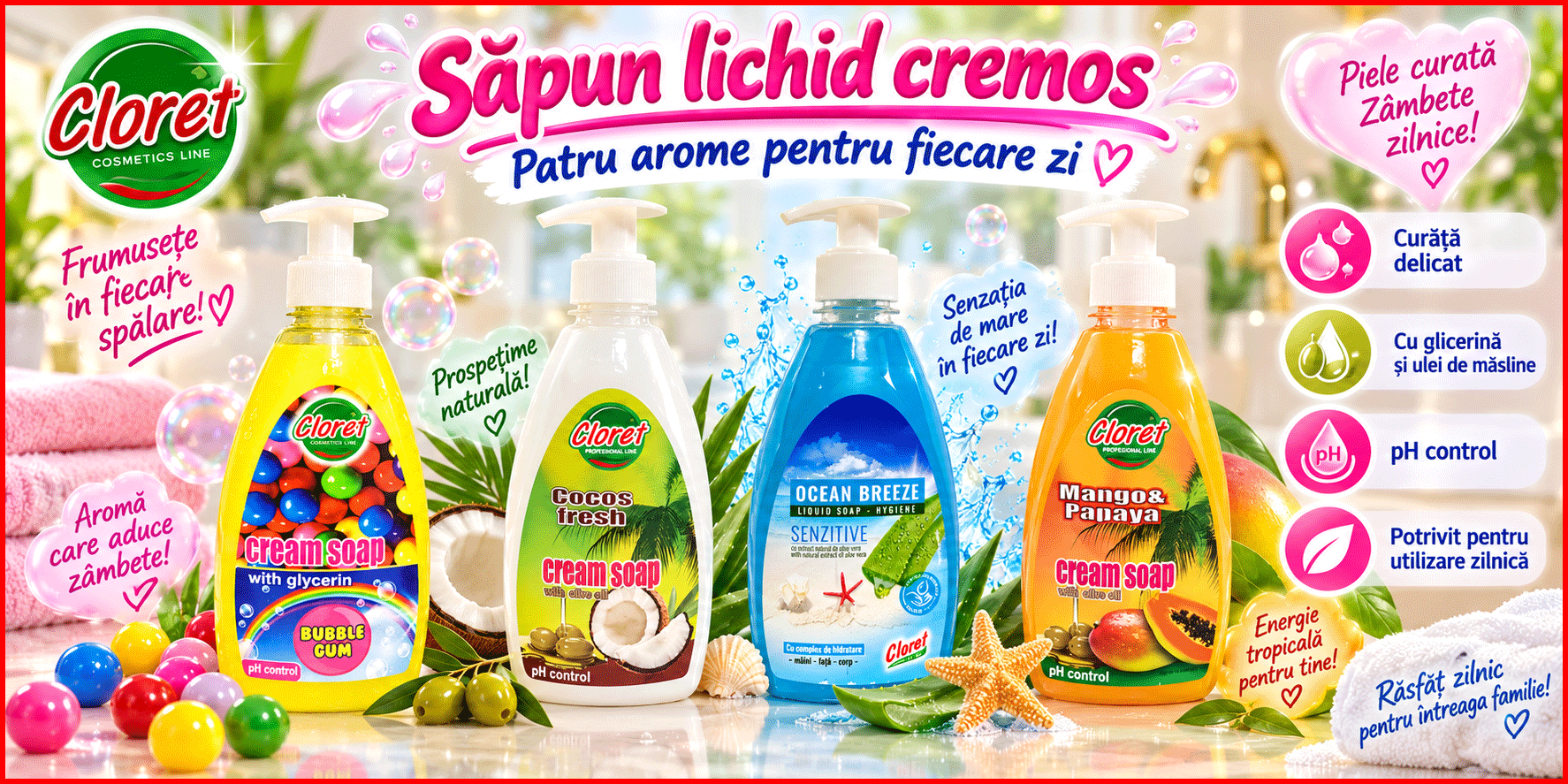 Cloret sapun lichid cremos 500 ml Bubble Gum Cocos Fresh Ocean Breeze Mango Papaya