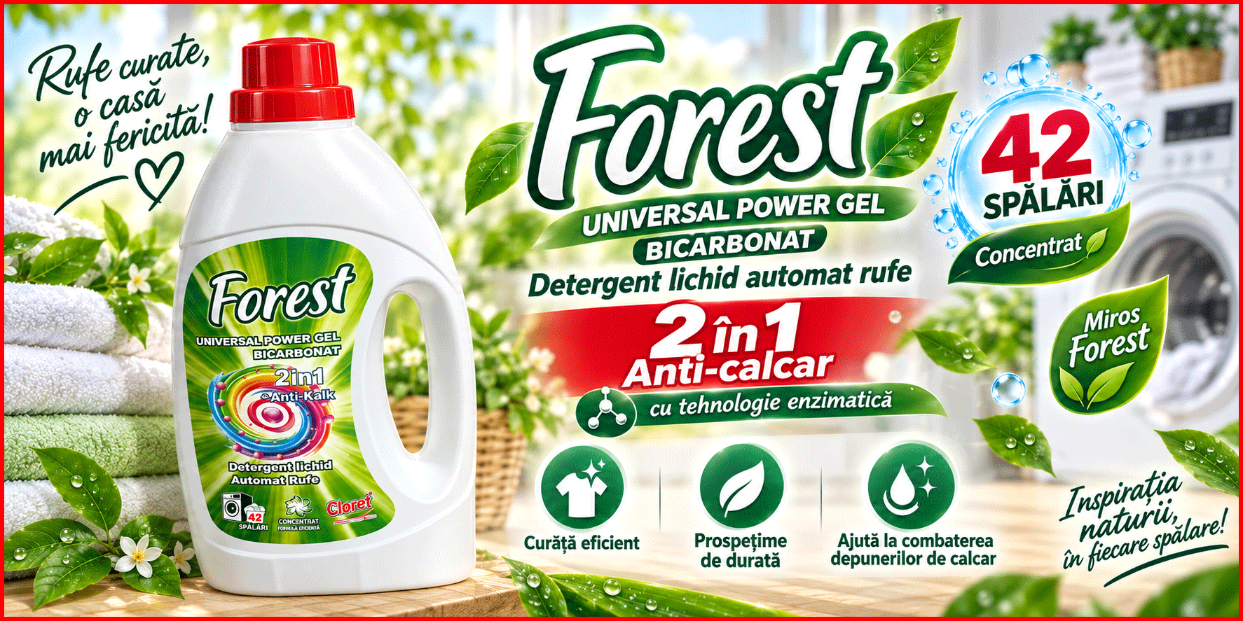 Cloret detergent lichid automat rufe Universal Power Forest concentrat 42 spalari 2 in 1 anticalcar enzyme technology