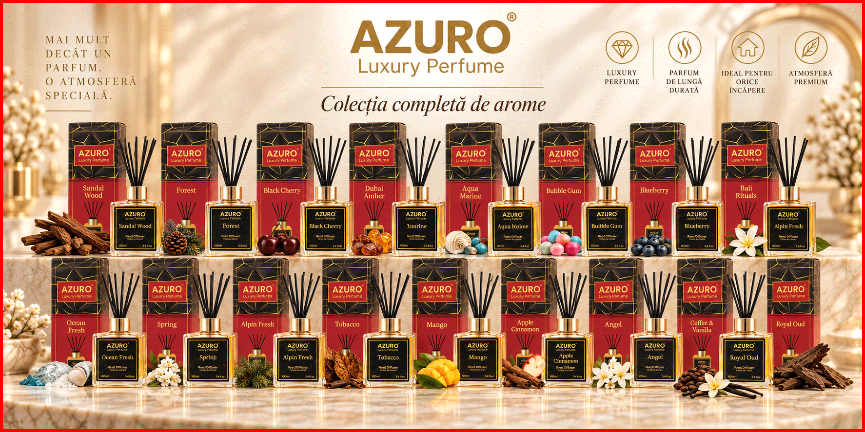 Odorizant camera Azuro Luxury Perfume cu betisoare 100 ml 19 arome