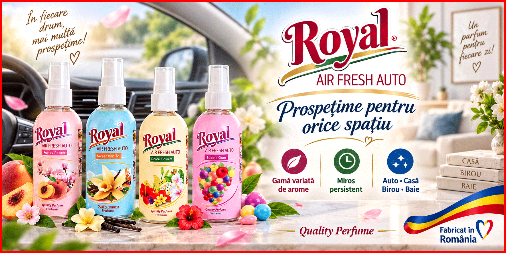 Parfum auto concentrat 100 ml Guma Turbo Fancy Peach Sweet Vanilla Dolce Flowers Sandalo Wood Gold Million Bubble Gum