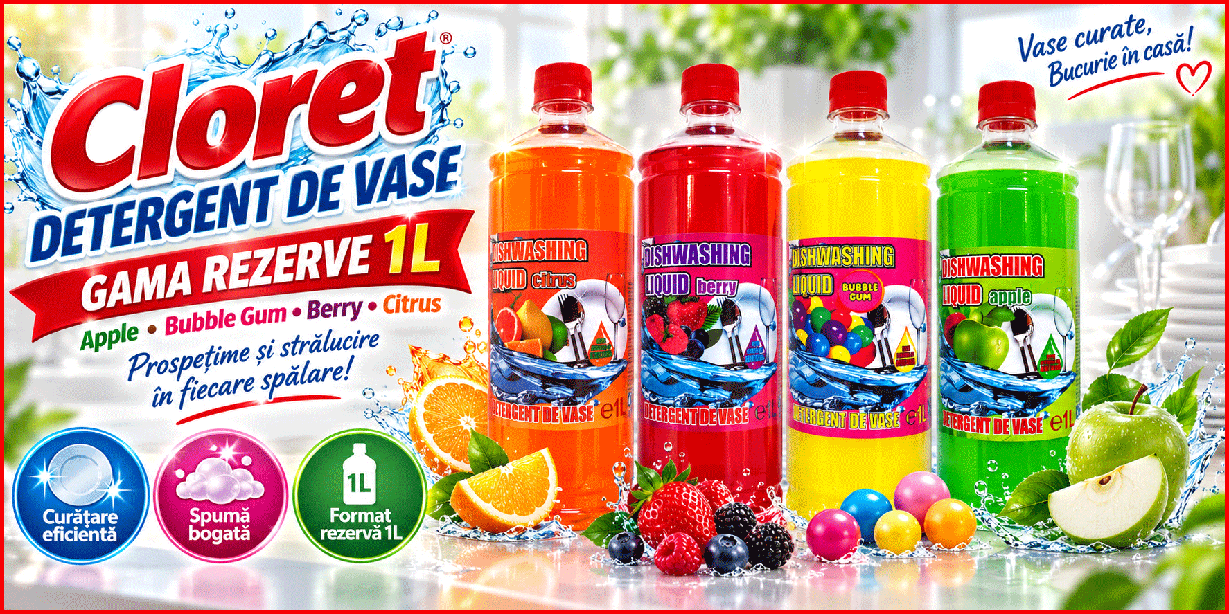 Cloret Dishwashing Liquid rezerva detergent vase 1L Apple Bubble Gum Berry Citrus