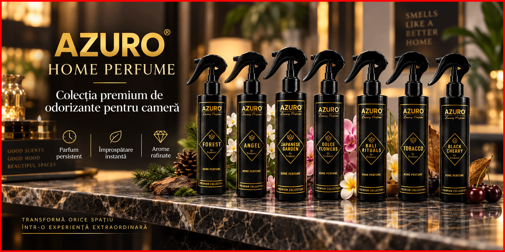Azuro Air Freshener odorizant camera Forest Angels Sandal Wood Japanese Garden Dolce Flowers Bali Rituals Tobacco Dubai Amber Black Cherry