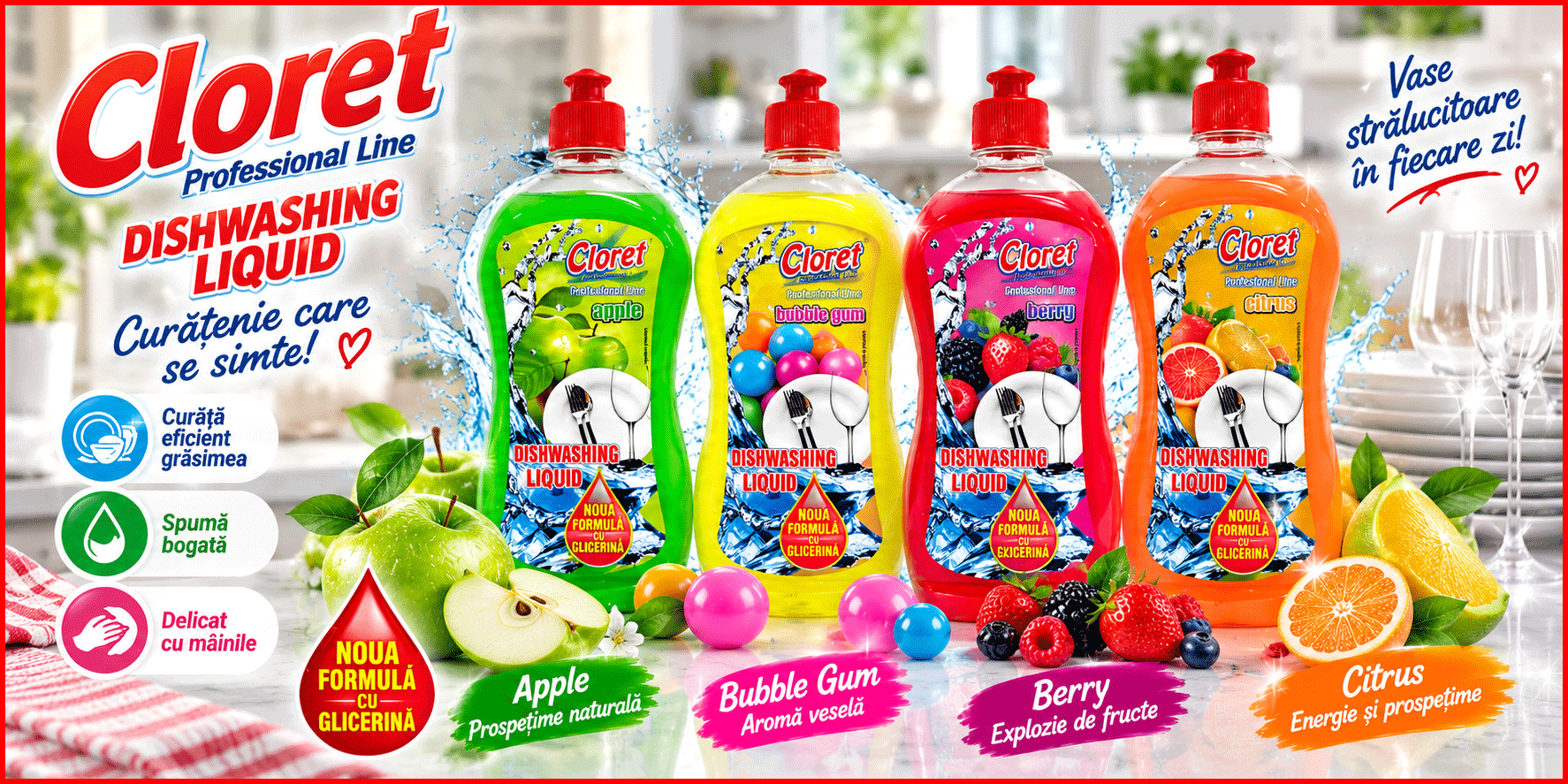 Cloret Dishwashing Liquid detergent vase 500 ml Apple Bubble Gum Berry Citrus