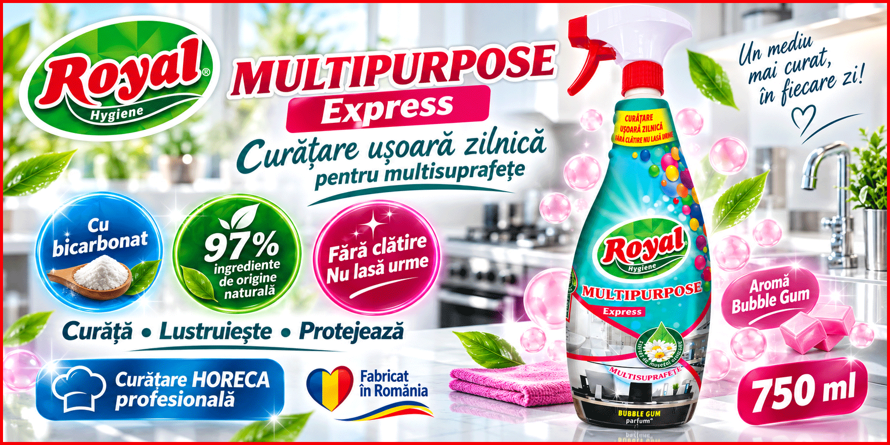 Royal Hygiene Multipurpose cu bicarbonat fara clatire multisuprafete bubble gum parfume