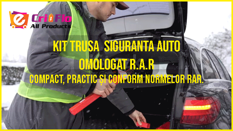 Kit siguranta auto Cri-Flo, Omologat R.A.R, Valabilitate 5 ani, 1x Trusa Prim Ajutor, 2 x Triunghiuri, 1x Stingator tip Spray, 1x Vesta reflectorizanta, Geanta pentru depozitare, 4 Stickere auto cu Vw