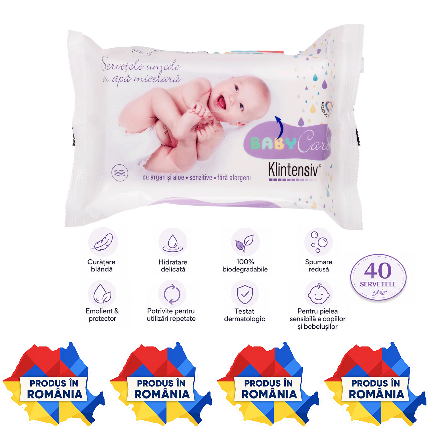 Klintensiv Baby șervețele umede biodegradabile cu apă micelară argan și aloe pentru bebeluși