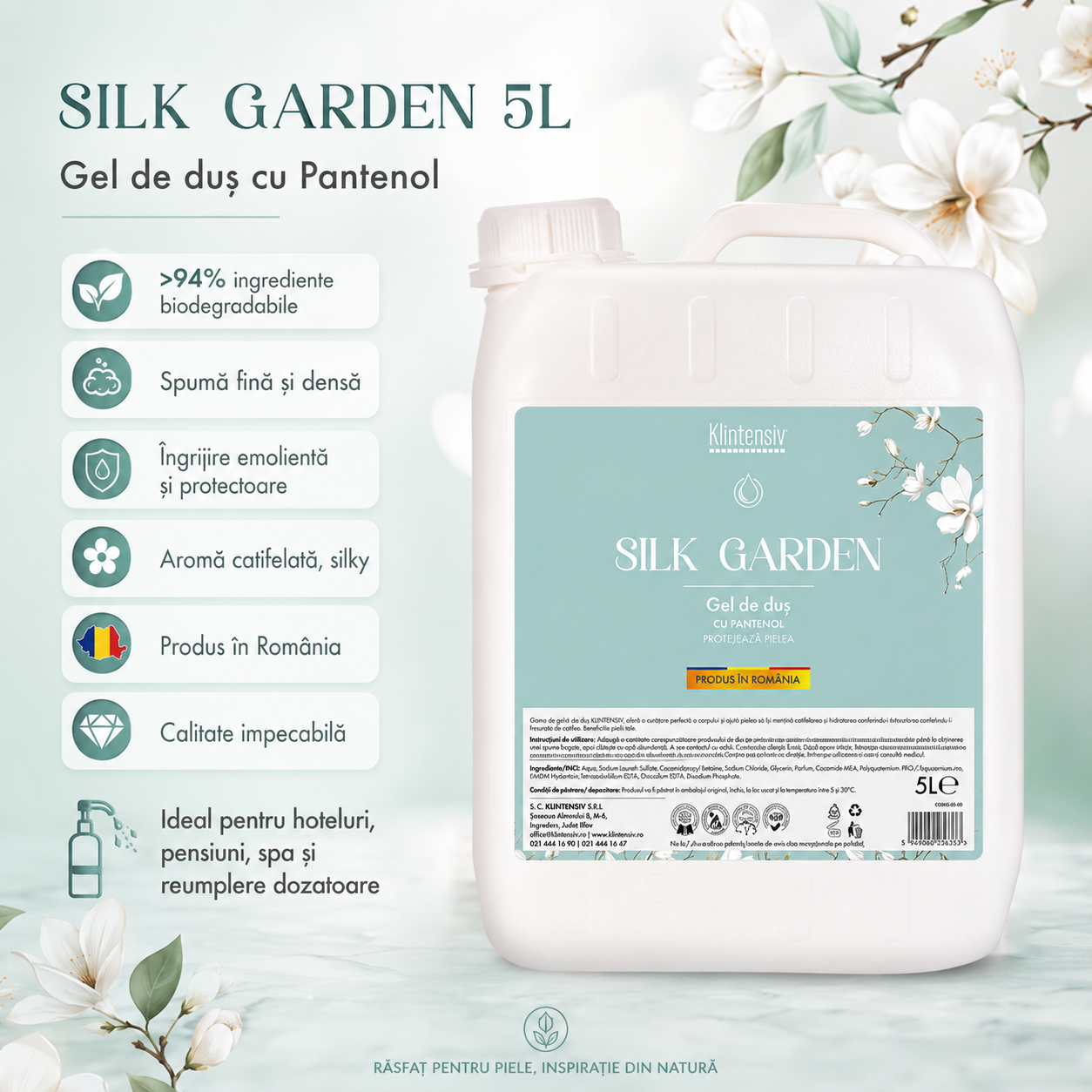 Gel de duș Klintensiv Silk Garden peste 94 la sută ingrediente biodegradabile și efect emolient