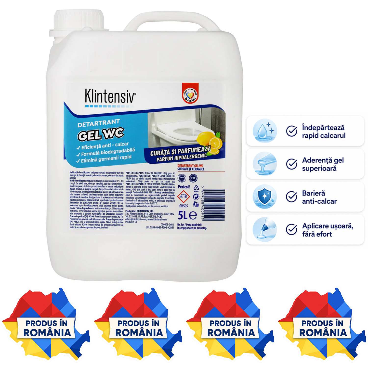 Gel detartrant WC și suprafețe ceramice Klintensiv 750 ml anticalcar profesional