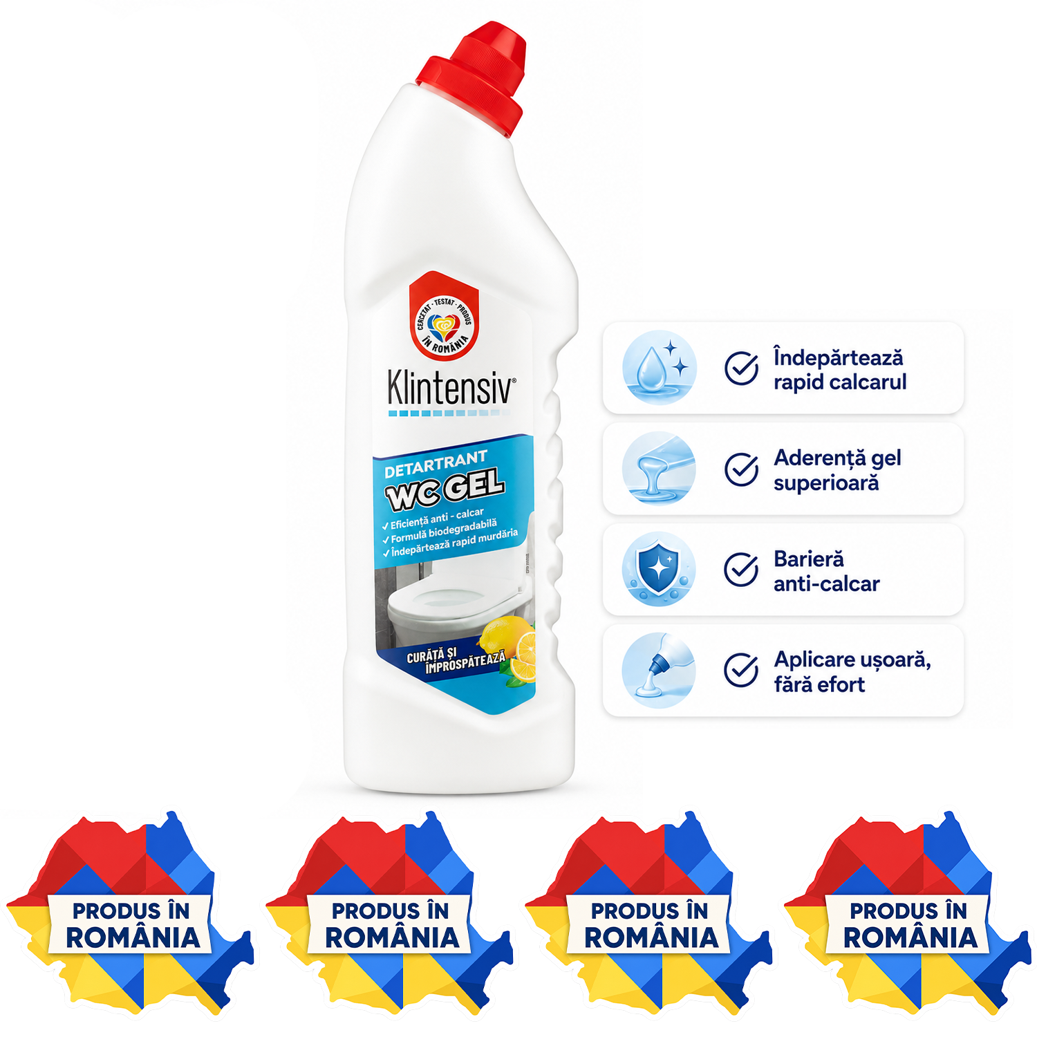 Gel detartrant WC și suprafețe ceramice Klintensiv 750 ml anticalcar profesional