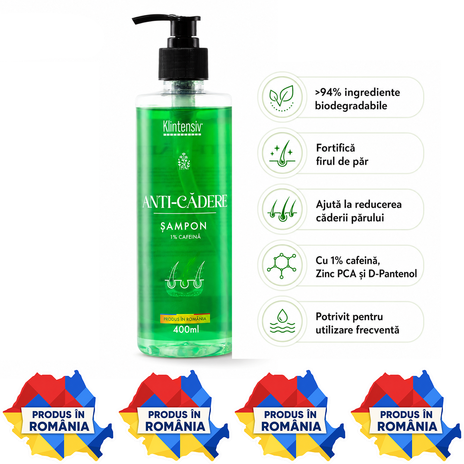 Șampon anti-cădere Klintensiv 400 ml produs rom&acirc;nesc pentru fortificarea firului de păr