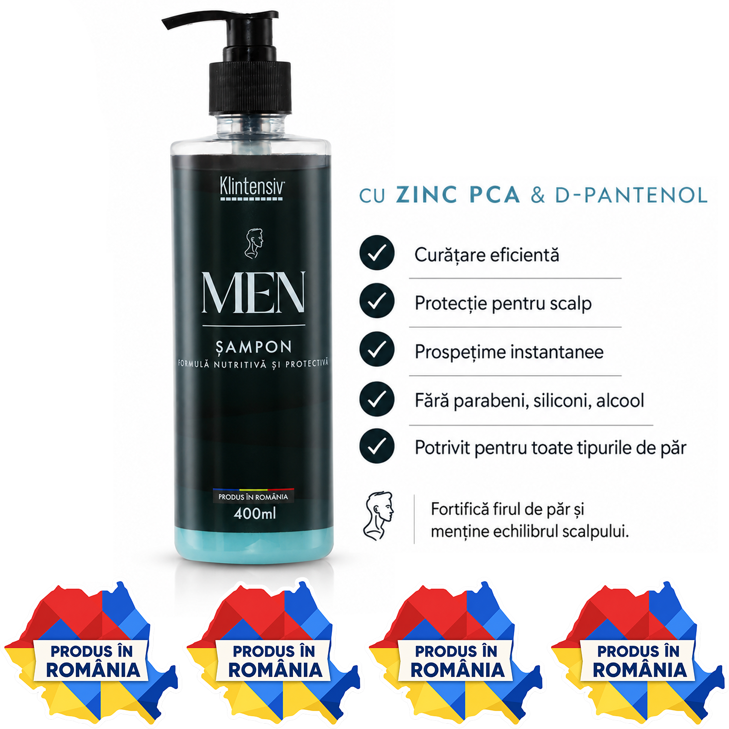 Șampon pentru bărbați Klintensiv cu Zinc PCA și D-Pantenol 400 ml