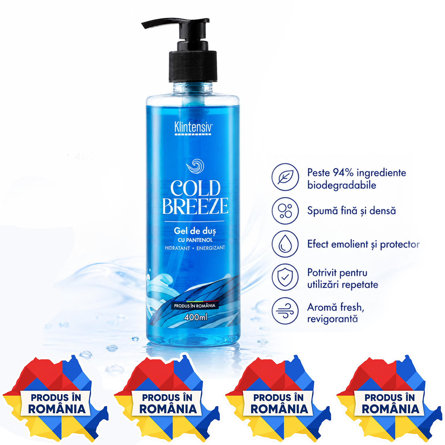 Gel de duș Klintensiv Cold Breeze 400 ml și 5 litri cu aromă fresh răcoritoare