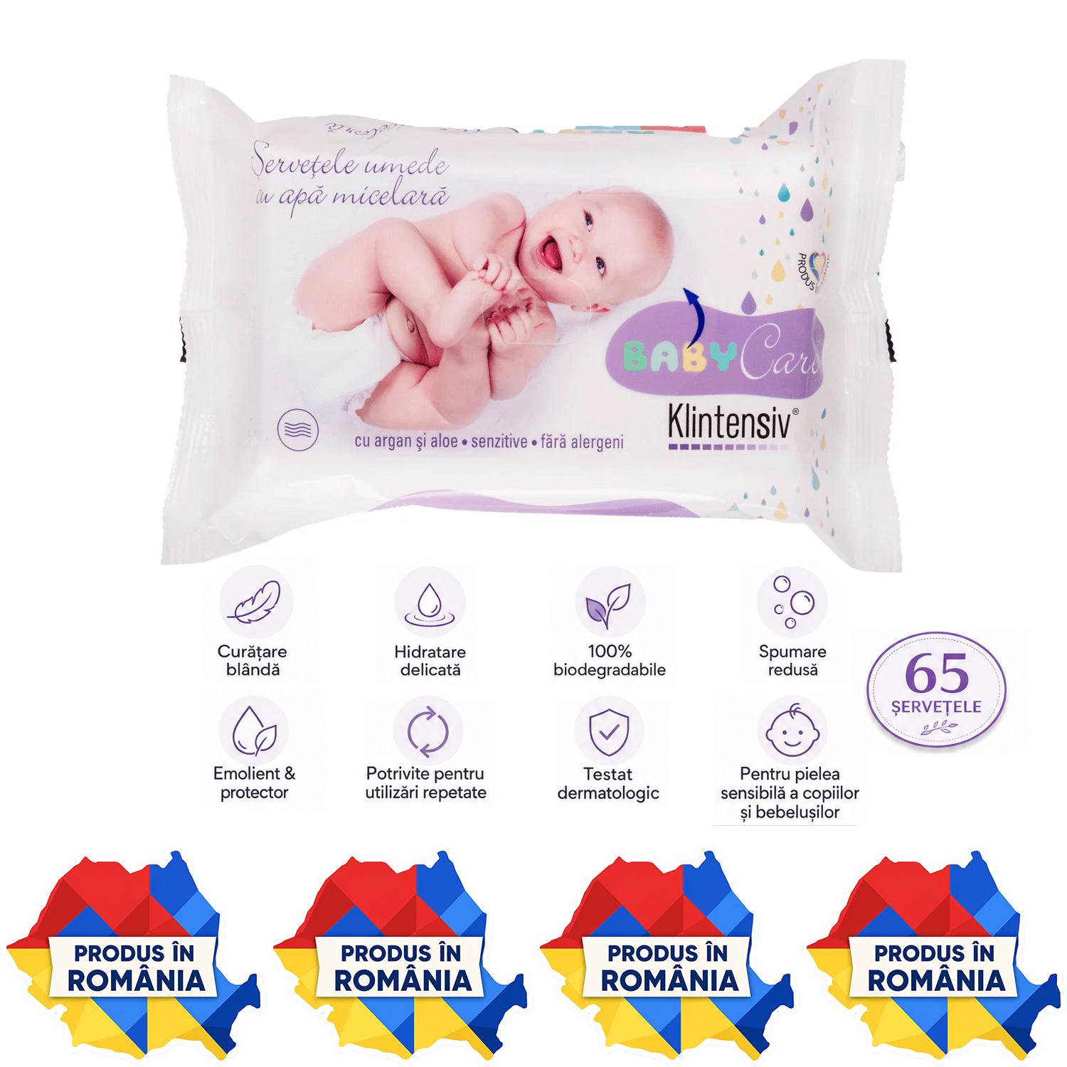 Klintensiv Baby șervețele umede biodegradabile cu apă micelară argan și aloe pentru bebeluși