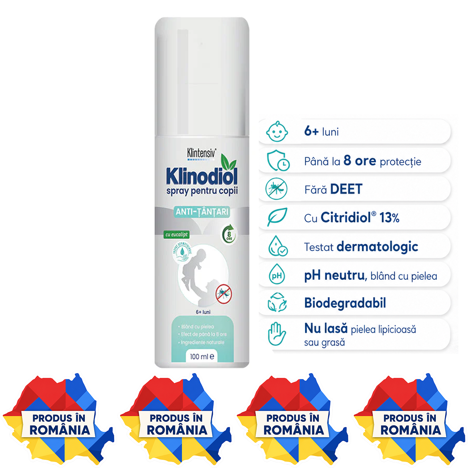 Spray repelent copii Klinodiol fără DEET cu Citridiol 13% protecție țânțari și căpușe 100 ml