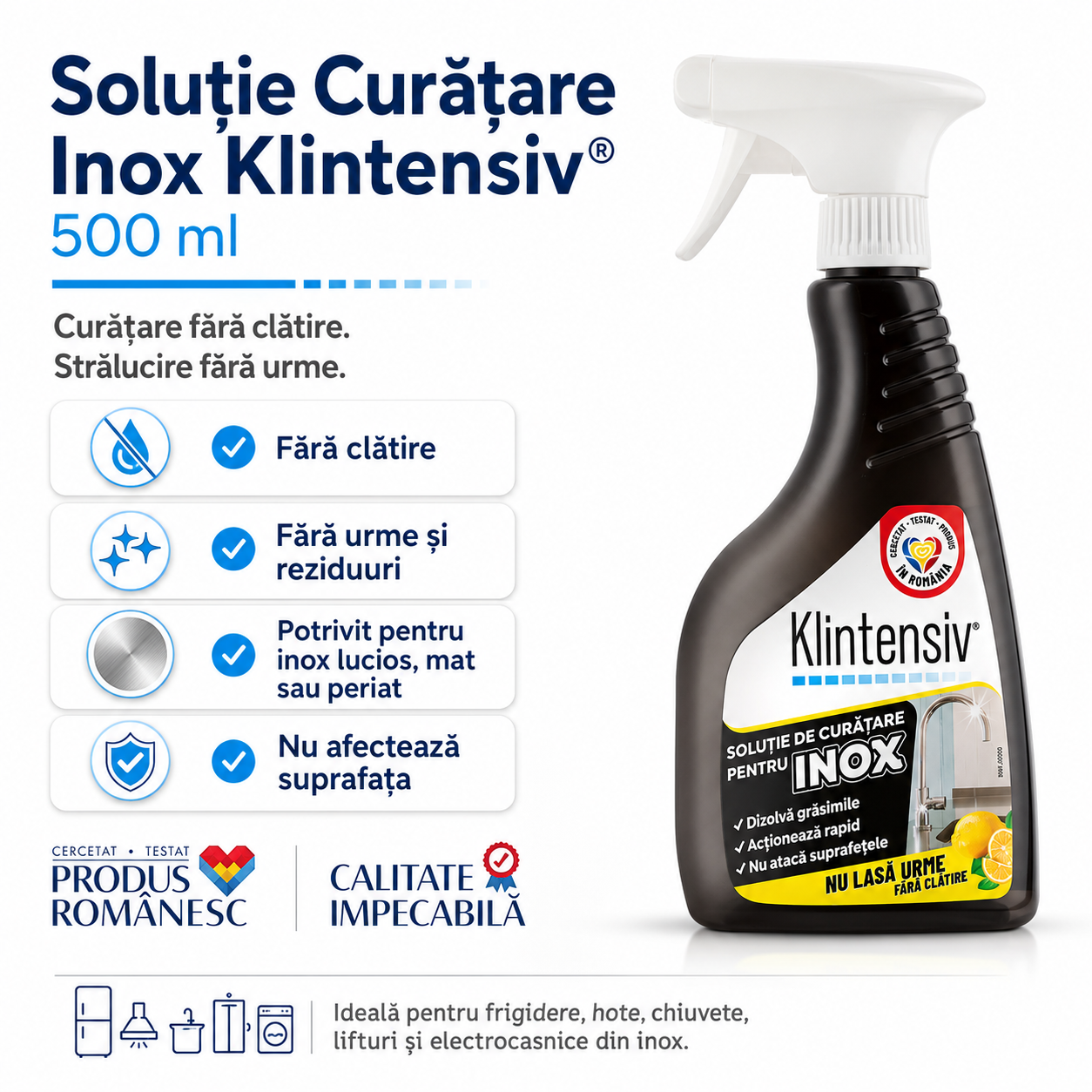 Klintensiv soluție profesională pentru curățarea inoxului fără urme și fără reziduuri