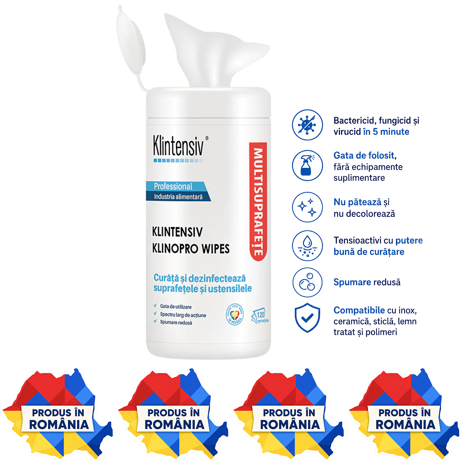 Klinopro Wipes șervețele dezinfectante profesionale pentru suprafețe tub 120 bucăți
