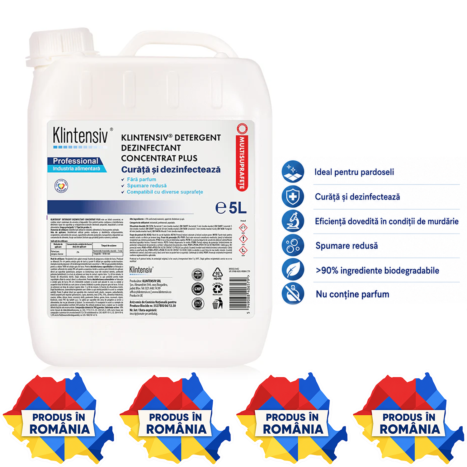Klintensiv detergent dezinfectant concentrat plus pentru industria alimentară 1 litru și 5 litri