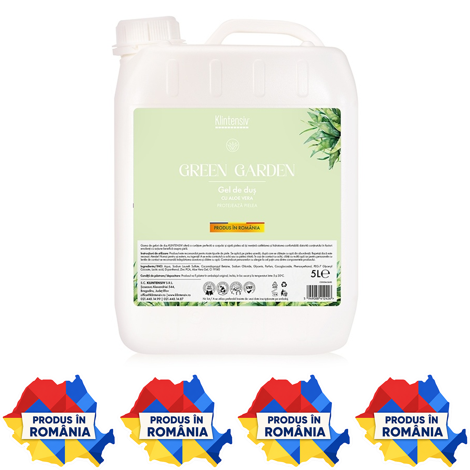 Gel de duș Klintensiv Green Garden 400 ml și 5 litri cu aromă verde proaspătă