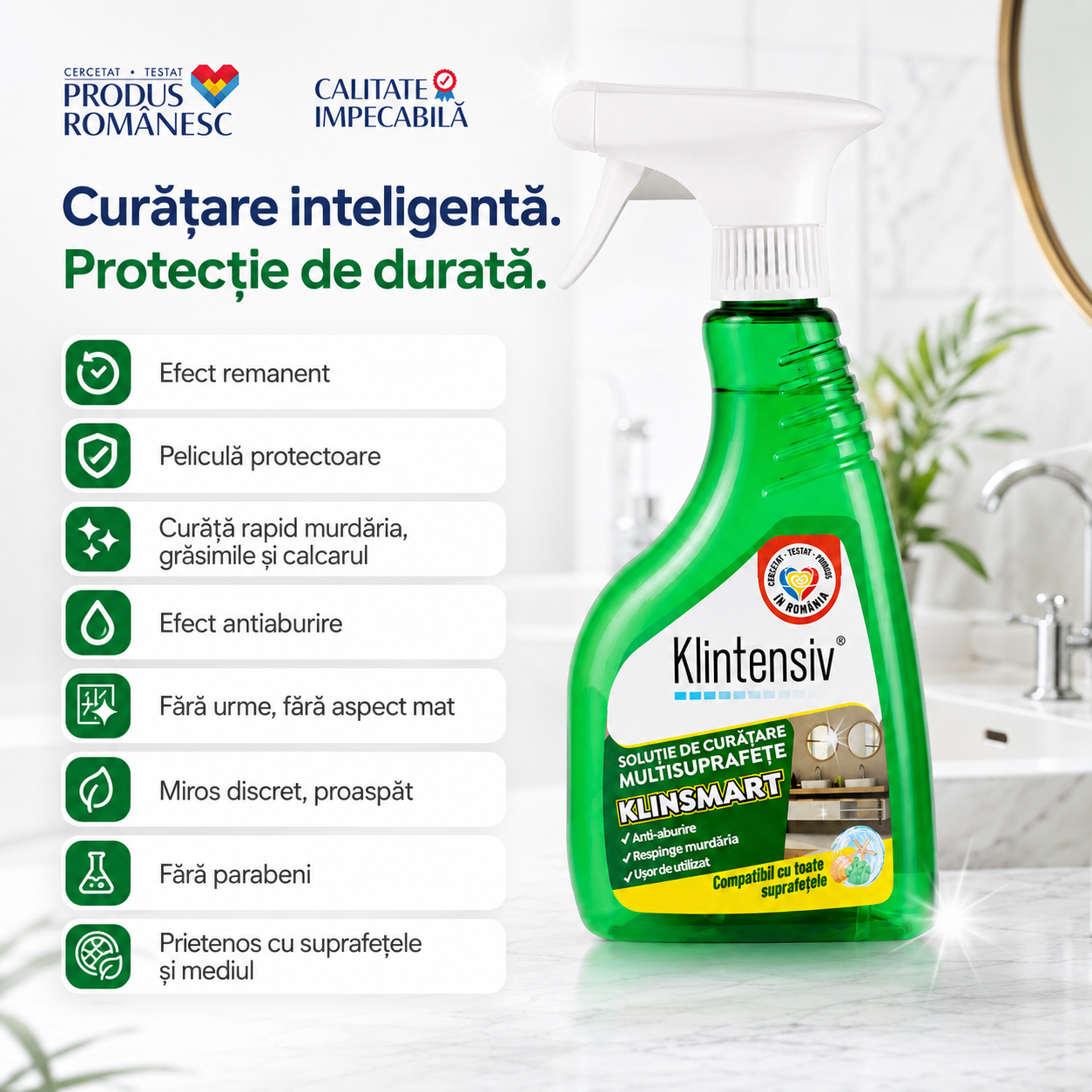 Soluție profesională KlinSmart pentru baie bucătărie inox sticlă ceramică și plastic