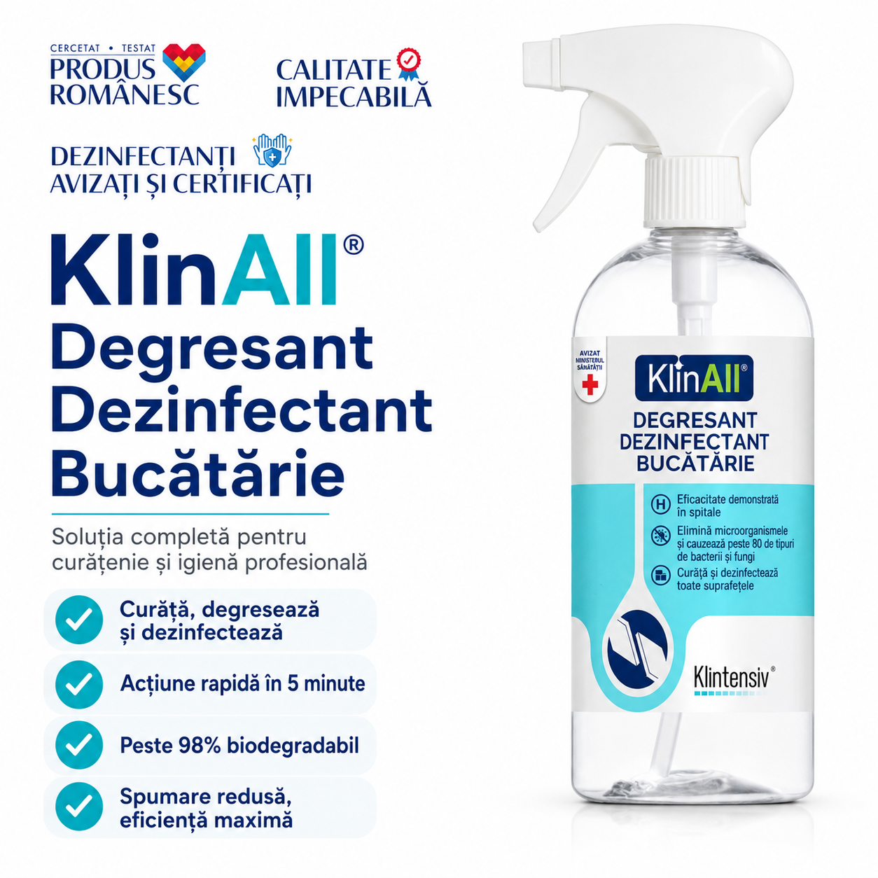 KlinAll Klintensiv curăță degresează și dezinfectează suprafețele din bucătărie &icirc;n 5 minute