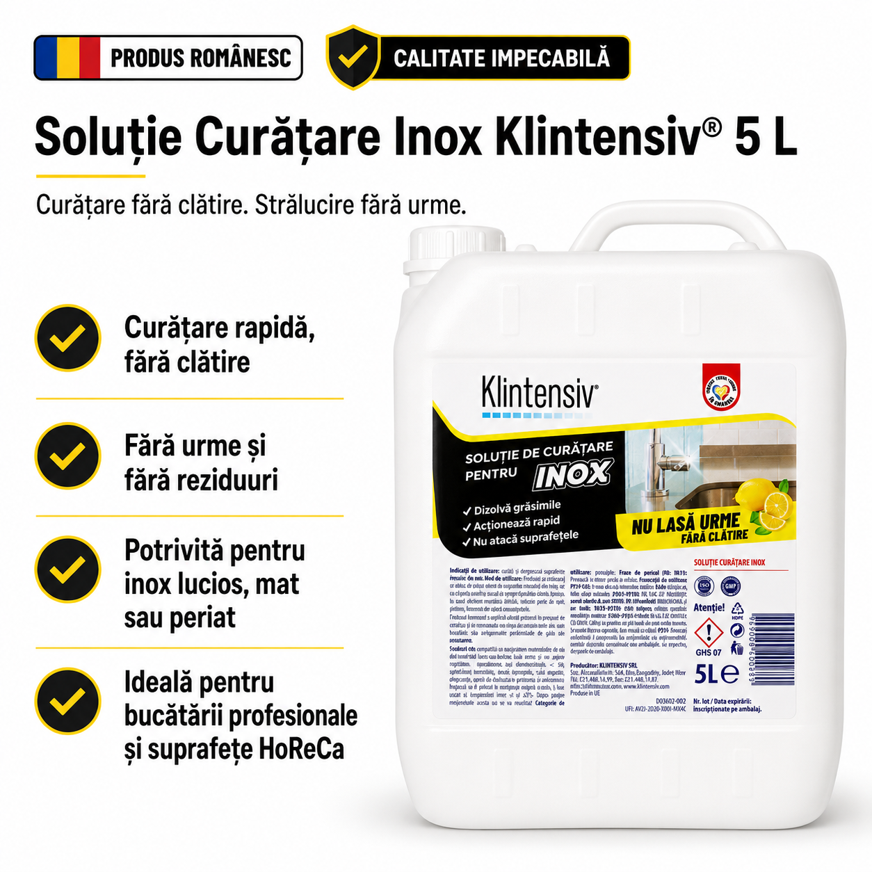 Klintensiv soluție profesională pentru curățarea inoxului fără urme și fără reziduuri