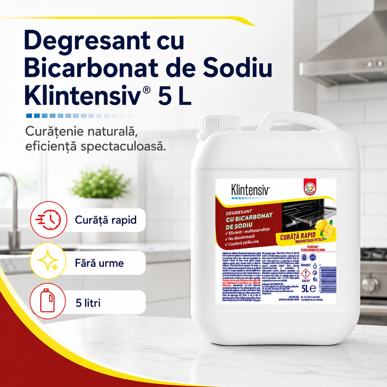 Klintensiv degresant profesional cu bicarbonat pentru bucătărie fără urme și fără reziduuri