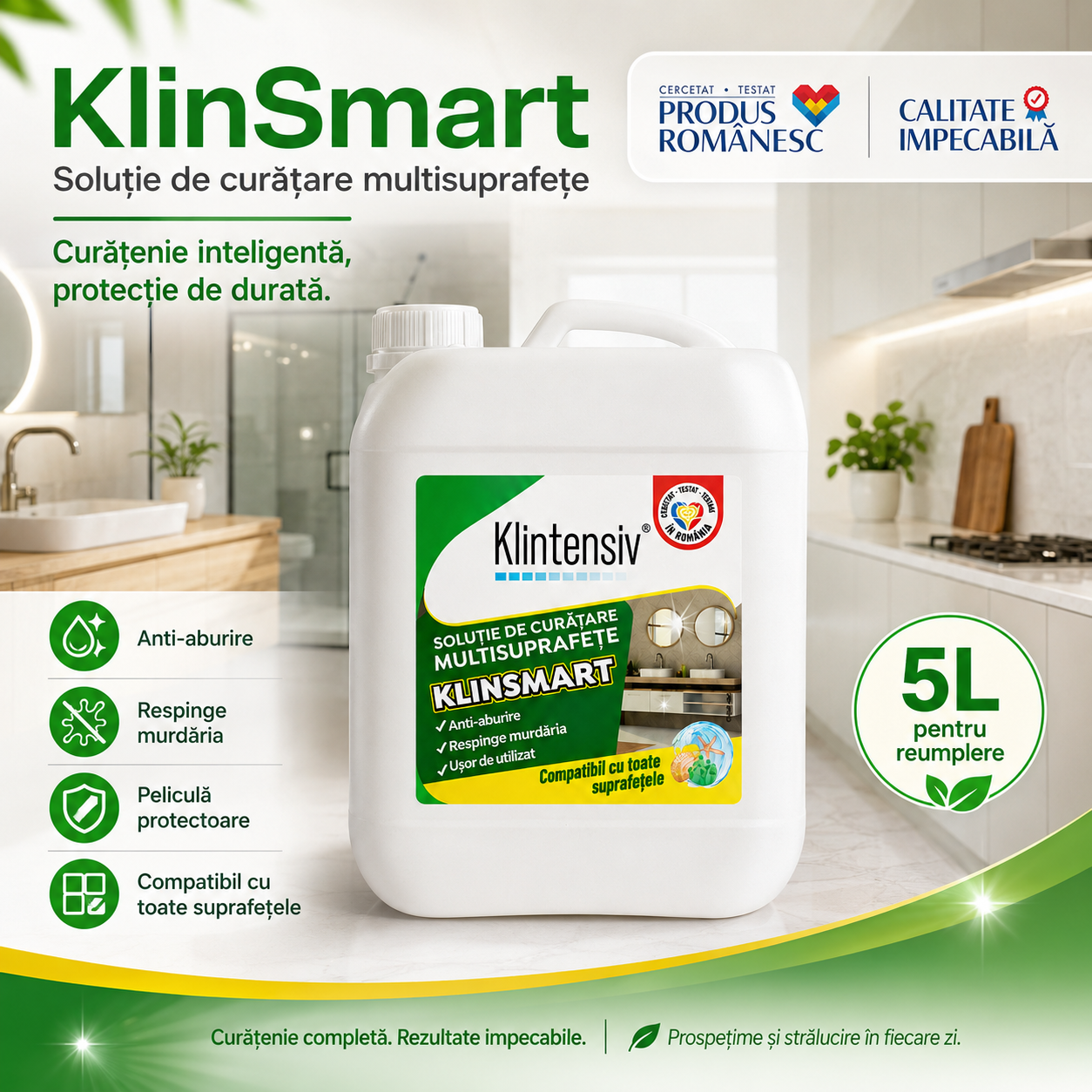 Soluție profesională KlinSmart pentru baie bucătărie inox sticlă ceramică și plastic