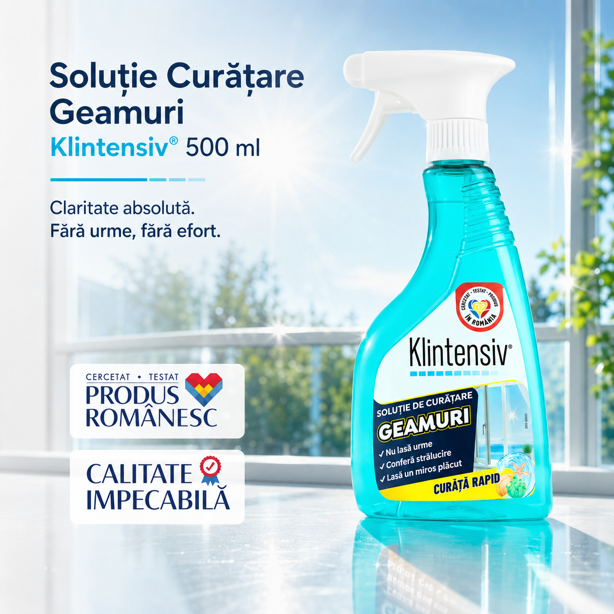 Klintensiv soluție profesională pentru geamuri oglinzi vitrine fără urme și fără clătire