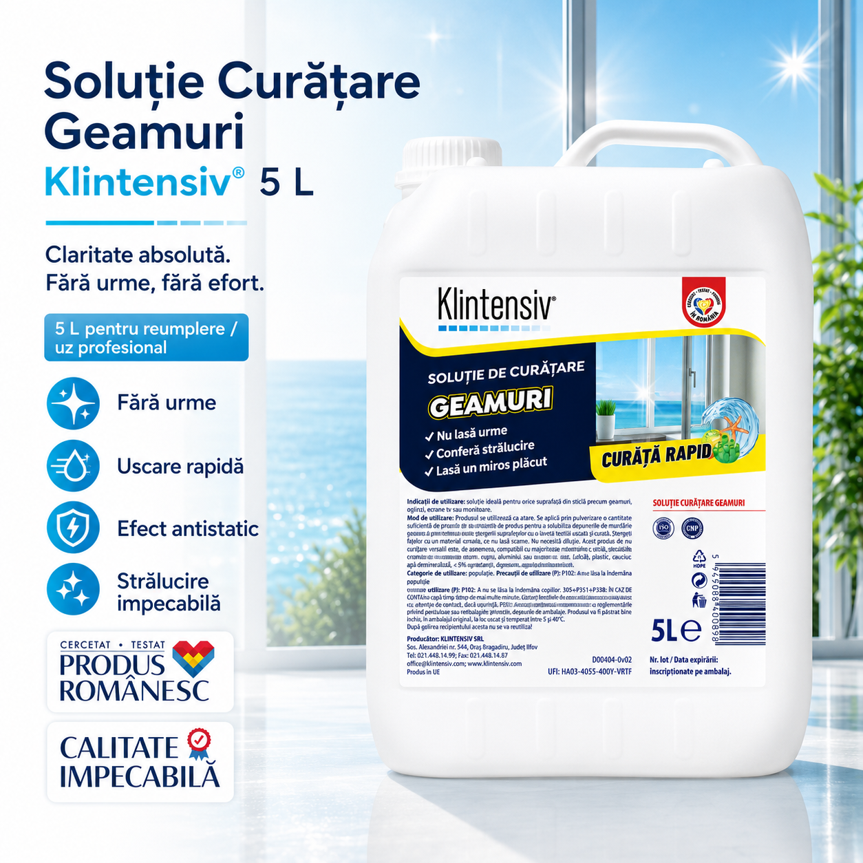Klintensiv soluție profesională pentru geamuri oglinzi vitrine fără urme și fără clătire