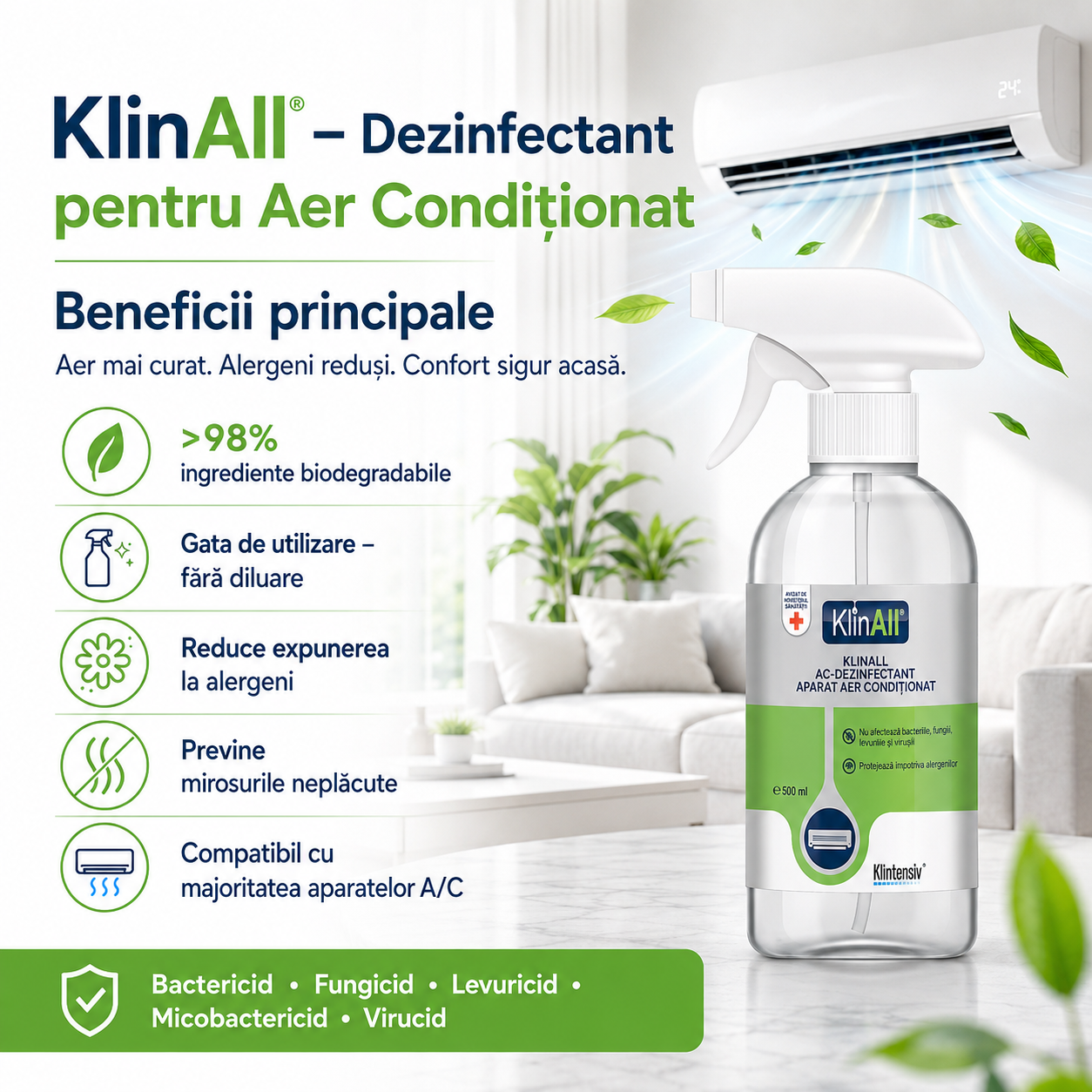 Dezinfectant aer condiționat Klintensiv pentru evaporator filtru carcasă tăviță condens și trasee de aer