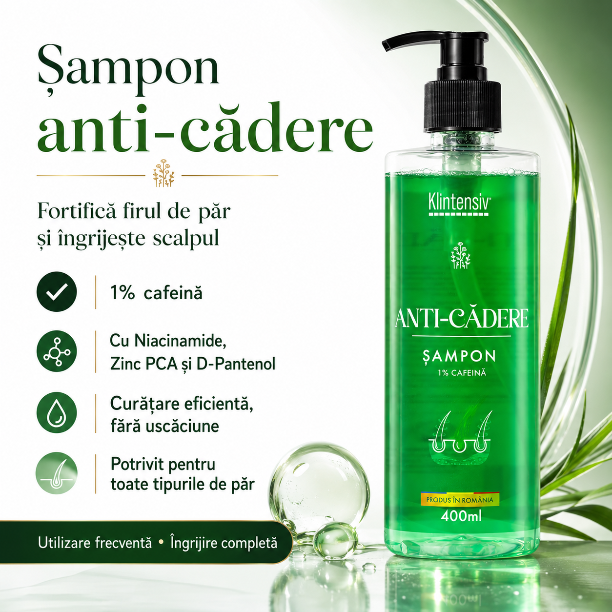 Șampon Klintensiv anti-cădere cu Caffeine Niacinamide Zinc PCA și D-Panthenol