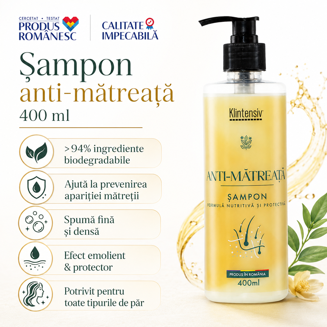 Șampon Klintensiv anti-mătreață peste 94 la sută ingrediente biodegradabile spumă fină și densă