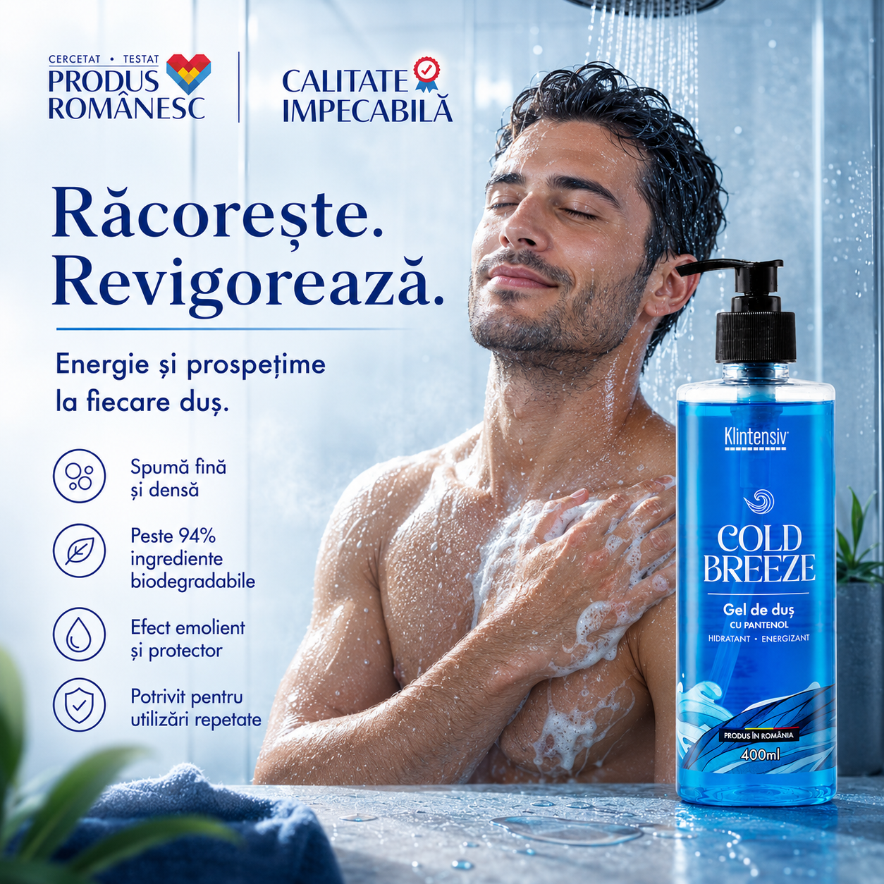 Gel de duș Cold Breeze Klintensiv cu parfum fresh și spumă fină pentru piele