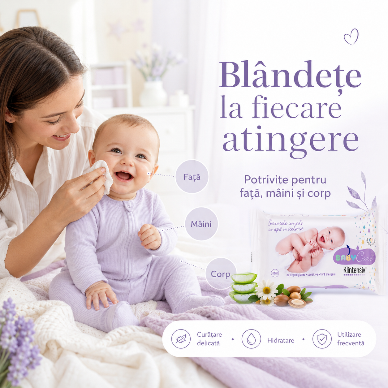 Șervețele umede Klintensiv Baby variante 40 și 65 bucăți fabricate &icirc;n Rom&acirc;nia