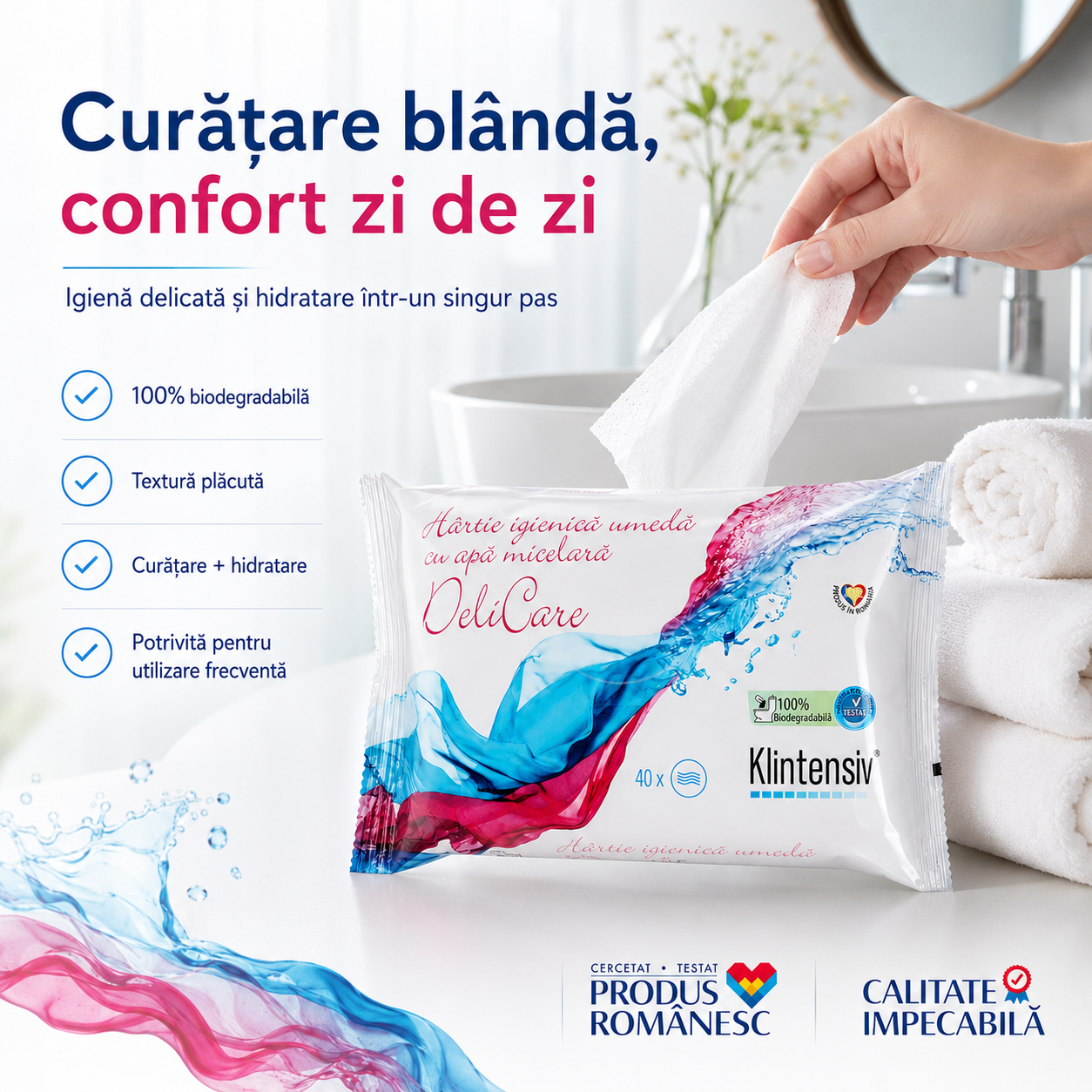 H&acirc;rtie igienică umedă Klintensiv pentru igienă intimă și curățare delicată a pielii