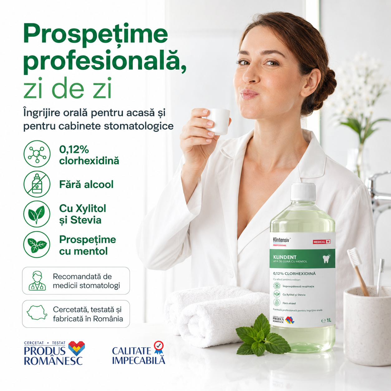 KLINDENT apă de gură fără alcool cu digluconat de clorhexidină xylitol stevia și mentol