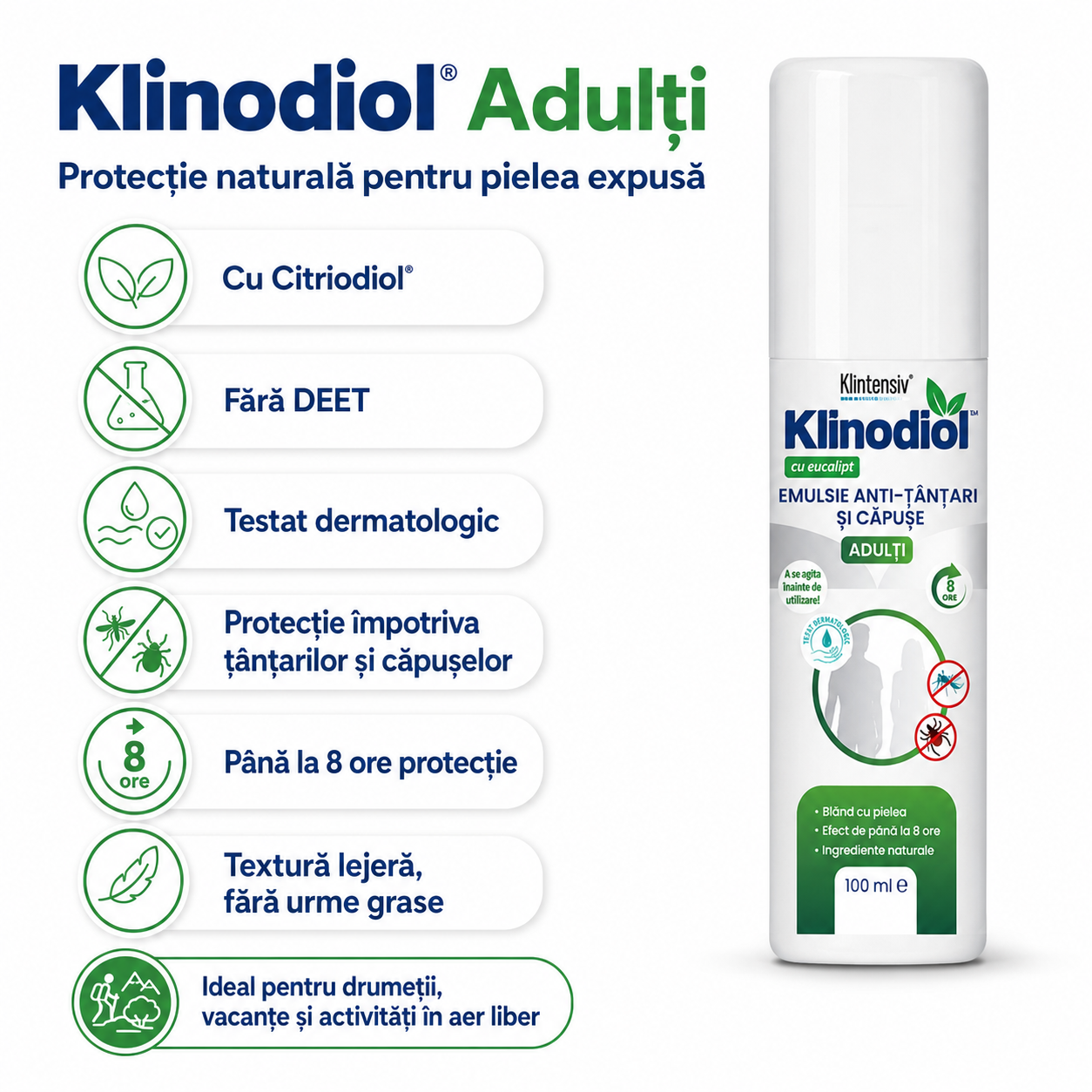 Klinodiol repelent natural adulți protecție &icirc;mpotriva ț&acirc;nțarilor și căpușelor cu Citriodiol din Lemon Eucalyptus