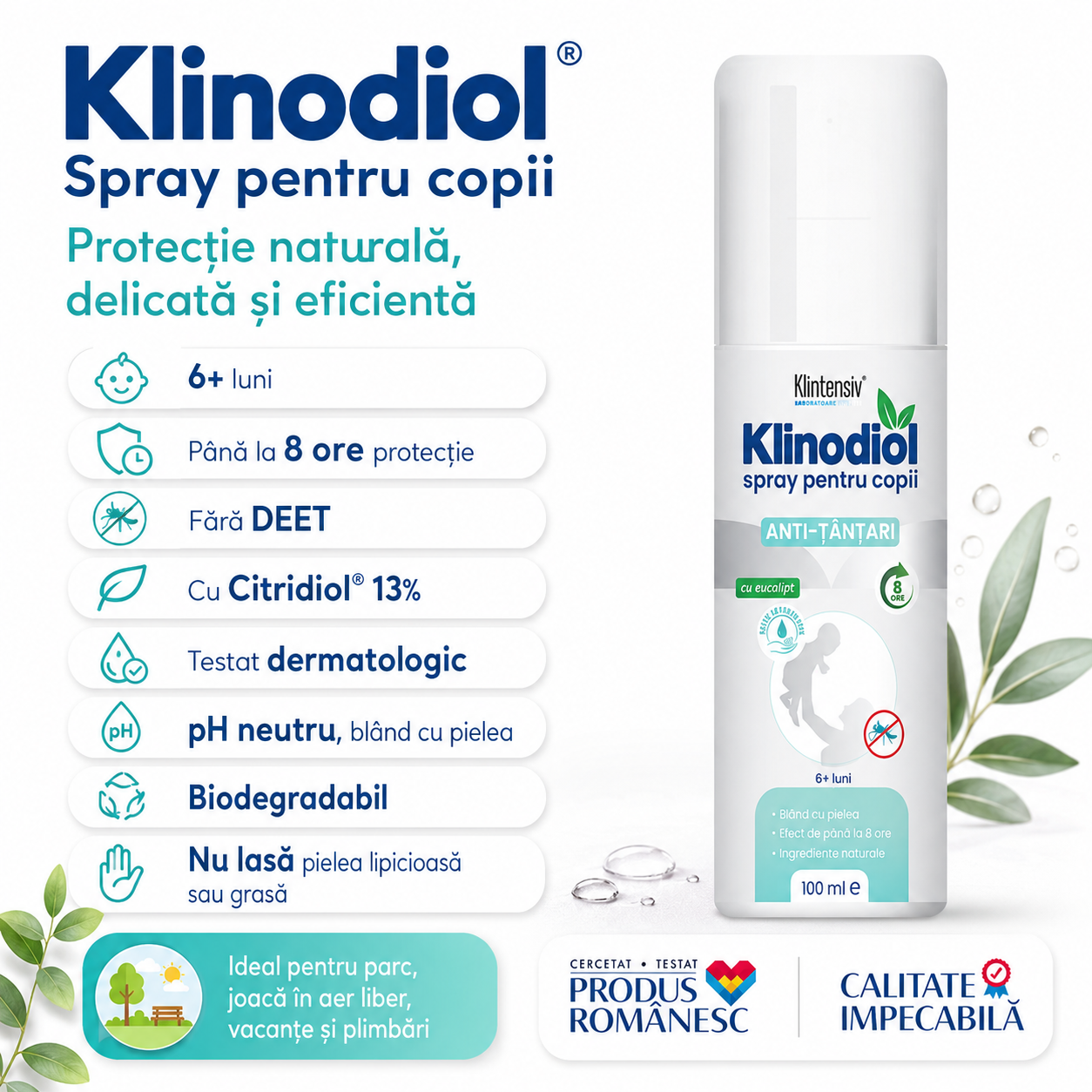 Klinodiol spray anti țânțari copii formulă naturală cu Citridiol din ulei de eucalipt