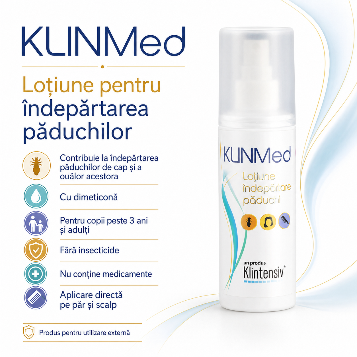 KLINMed loțiune pentru îndepărtarea păduchilor de cap aplicare pe păr și scalp