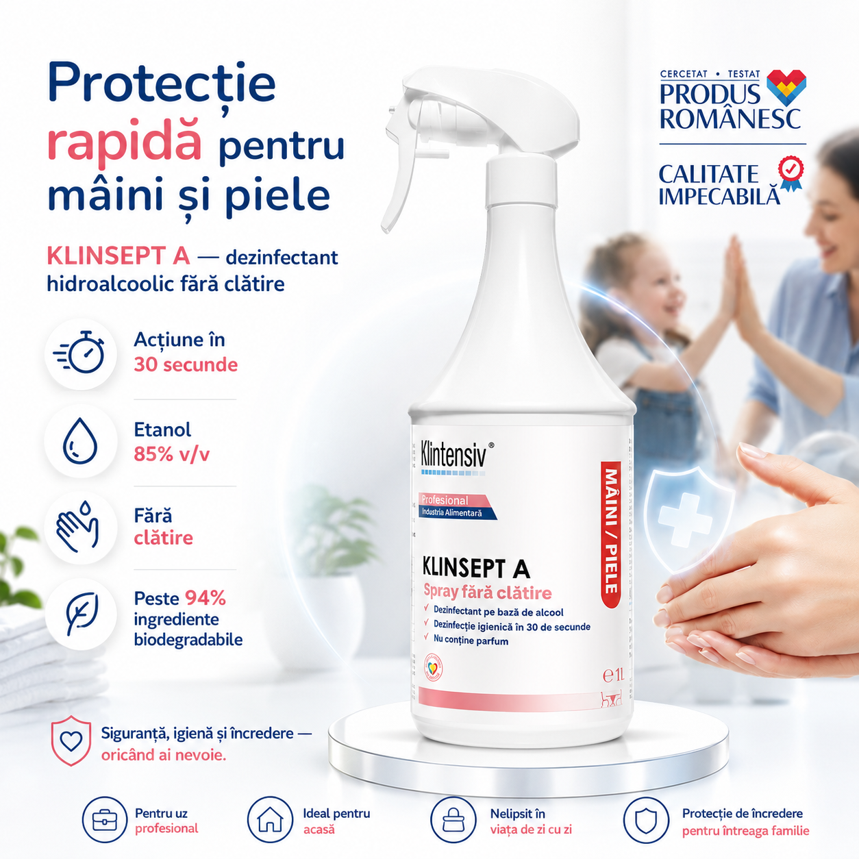 Beneficii Klinsept A dezinfectant mâini și piele fără clătire testat dermatologic