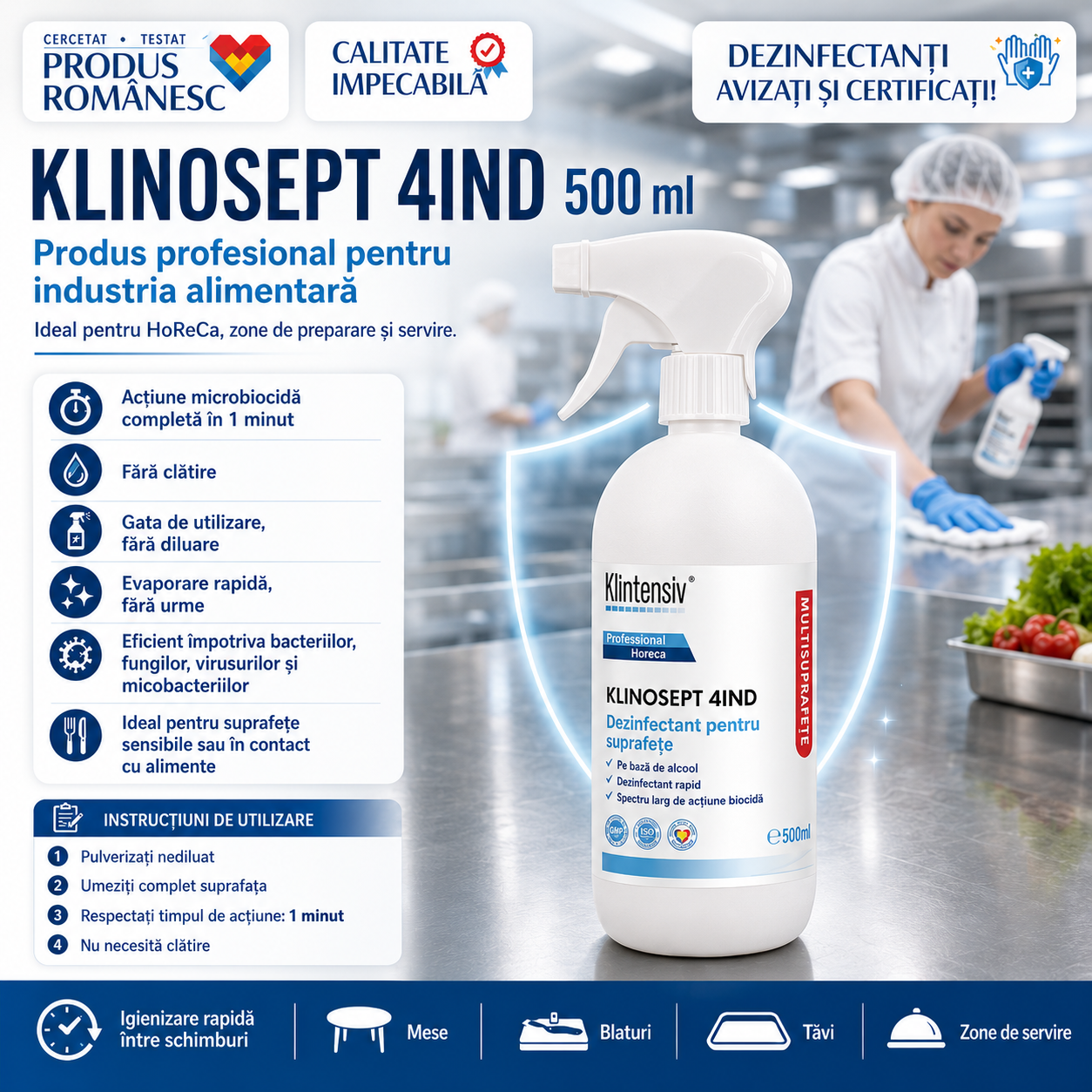 Dezinfectant alcoolic Klinosept 4Ind pentru HoReCa procesare alimente și depozite frigorifice