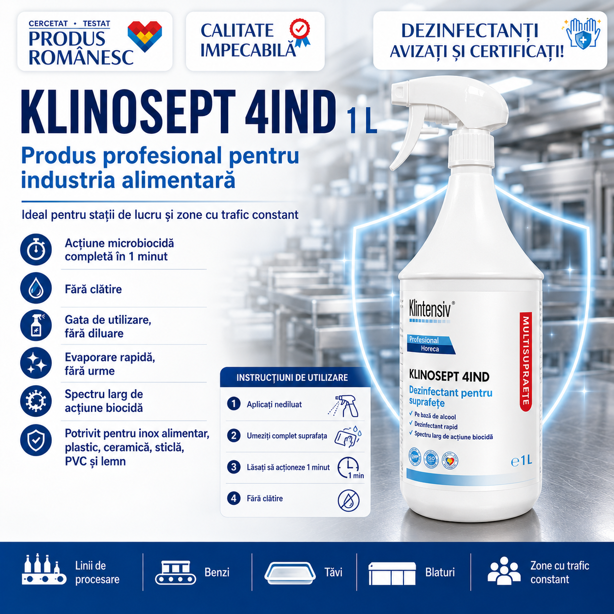 Dezinfectant alcoolic Klinosept 4Ind pentru HoReCa procesare alimente și depozite frigorifice