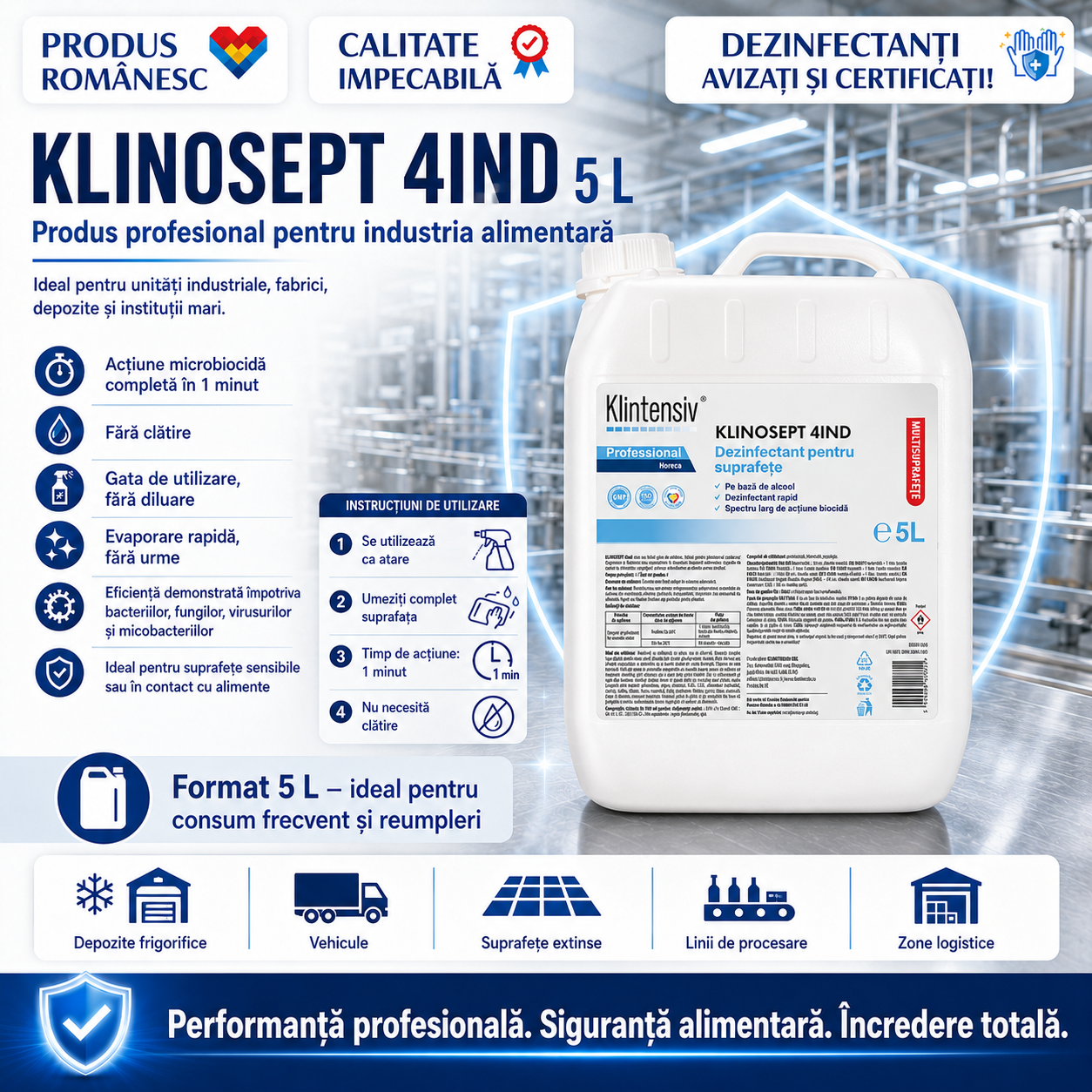 Dezinfectant alcoolic Klinosept 4Ind pentru HoReCa procesare alimente și depozite frigorifice