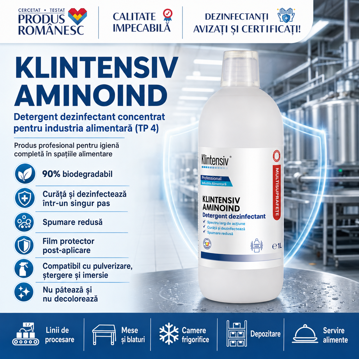 Detergent dezinfectant concentrat Aminoind pentru suprafețe echipamente și ustensile alimentare