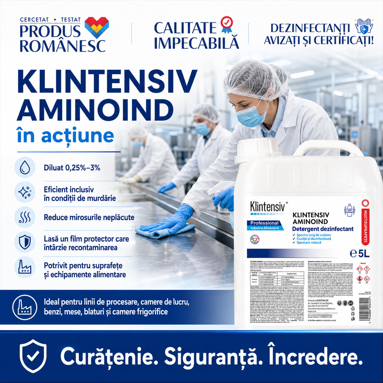 Detergent dezinfectant concentrat Aminoind pentru suprafețe echipamente și ustensile alimentare