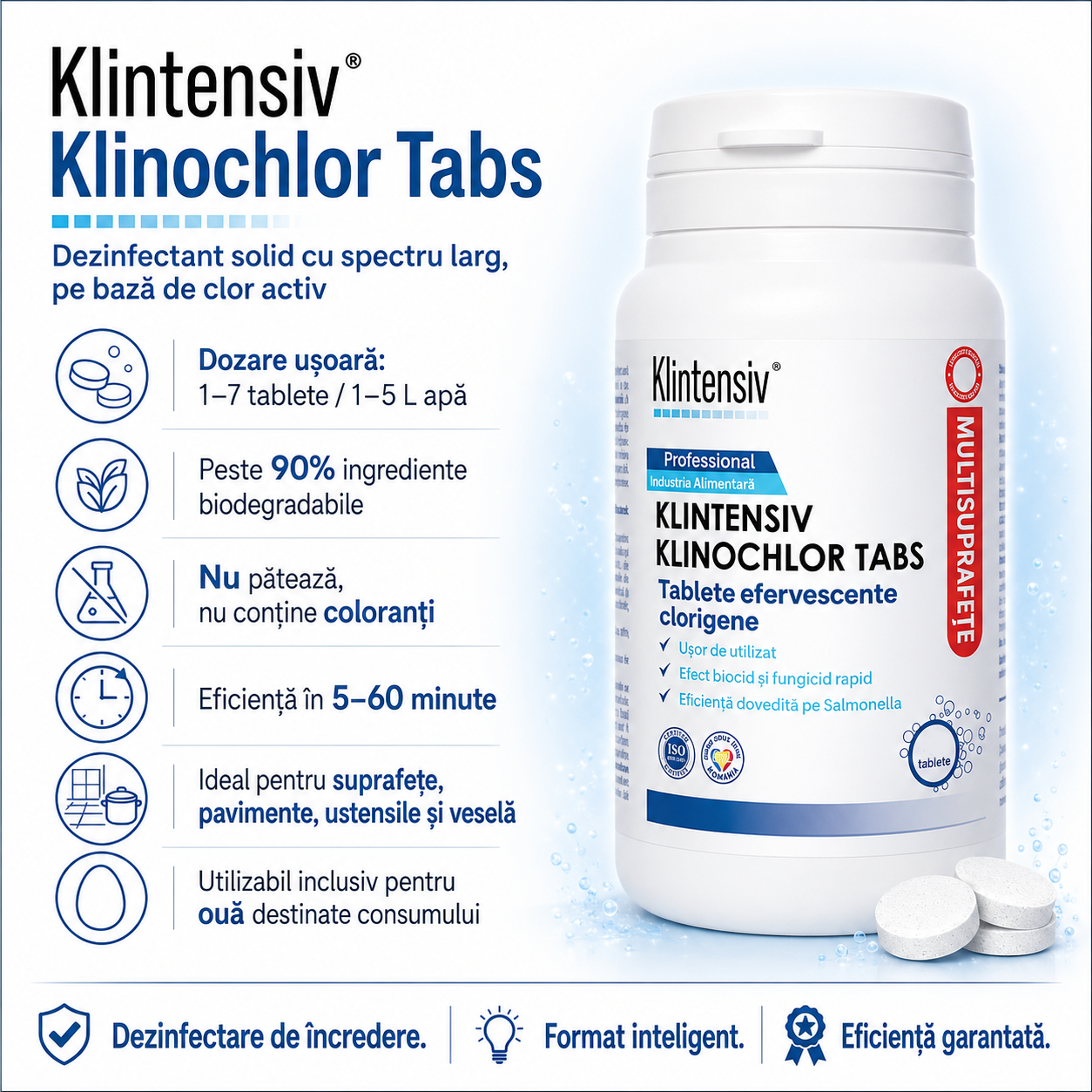 Tablete efervescente dezinfectante Klinochlor Tabs cu clor activ pentru industria alimentară și HoReCa