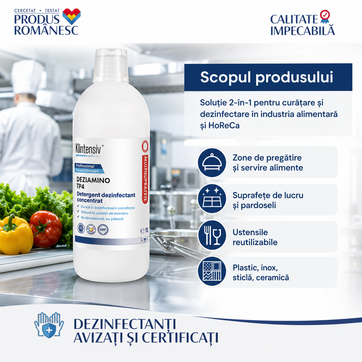 Dezinfectant detergent concentrat DEZIAMINO pentru suprafețe ustensile echipamente și pardoseli