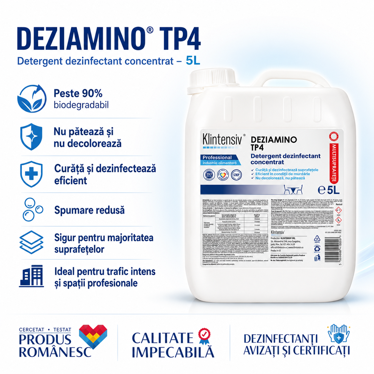 Dezinfectant detergent concentrat DEZIAMINO pentru suprafețe ustensile echipamente și pardoseli